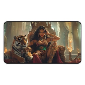 Princesa exótica com tapete de mesa para jogos Tiger Fantasy, magia, tapete de jogo TCG, tapete de jogo MTG, tapete de jogo de RPG de mesa, presentes para jogadores