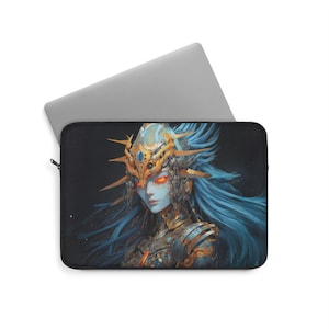 May include: A laptop sleeve featuring a digital illustration of a woman with blue hair and a golden crown. Her eyes are glowing orange. The background is dark blue with stars.