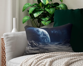 Moonscape Lumbar Pillow - Space Decor, Sci-Fi Throw Pillow, Planetary Cushion, Gift for Moon Lovers, Earth and Stars, Spun Polyester Pillow,