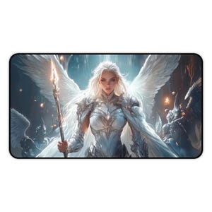 May include: A rectangular mousepad with a digital art illustration of a celestial figure. The figure has white wings and holds a glowing spear. The figure is in silver armour and a white cape, set against a dark, ethereal background.