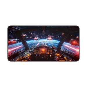 May include: A spaceship cockpit view with a blue and red laser beam shooting out of the front of the ship. The ship is flying through space with a planet in the background. There are other spaceships in the distance.