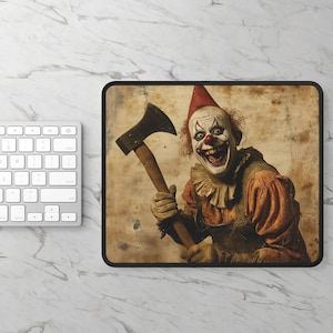 May include: A creepy clown with a red and white costume and a sinister smile holds a large axe. The background is a distressed, vintage-looking paper with a brown and beige color scheme.