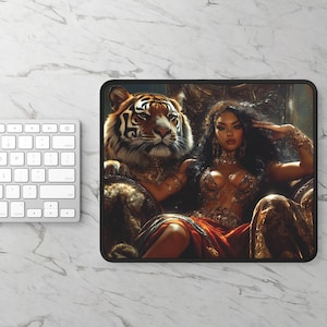 Nubian Queen with Tiger Fantasy Gaming Mouse Pad, Gifts for Gamers