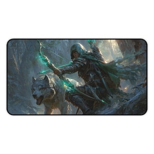 May include: A fantasy-themed mousepad featuring a warrior with a bow and arrow, accompanied by a wolf in a forest setting. The warrior is clad in armor and a hooded cloak, with glowing green accents on the bow. The artwork has a detailed, painterly style.