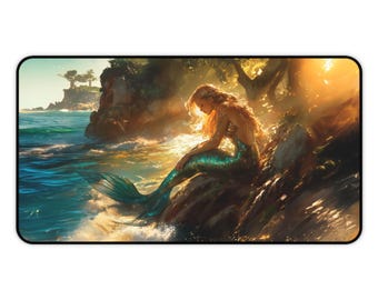 Alfombrilla de escritorio de fantasía de La Sirenita, tapete de juego de playa, decoración de oficina con temática oceánica, alfombrilla de ratón clásica de cuento de hadas, regalo para amantes de las sirenas