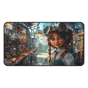 May include: A mousepad featuring a steampunk-themed illustration. It depicts a young person with goggles and glasses in a laboratory setting. The background is filled with intricate machinery and equipment, with a warm, inviting color palette.