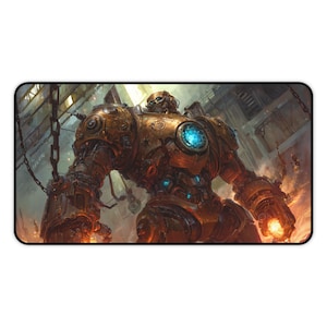 May include: A rectangular mouse mat with a detailed illustration of a steampunk robot. The robot is primarily bronze and gold with glowing blue accents. The background depicts a cityscape with chains.