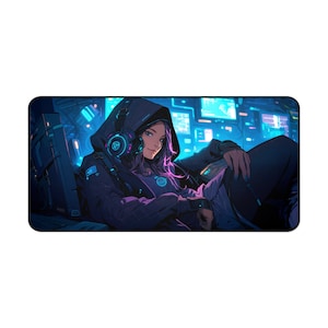 May include: A purple-haired woman wearing a black hooded jacket and headphones sits in a futuristic setting with glowing blue lights.