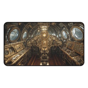 May include: A rectangular mouse pad featuring a detailed steampunk interior design. The image showcases a control panel with numerous gauges, dials, and porthole windows, all rendered in shades of gold and brown, creating a vintage aesthetic.