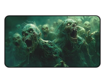 May include: A digital illustration of a horde of green zombies with glowing eyes and open mouths, set against a dark green background.