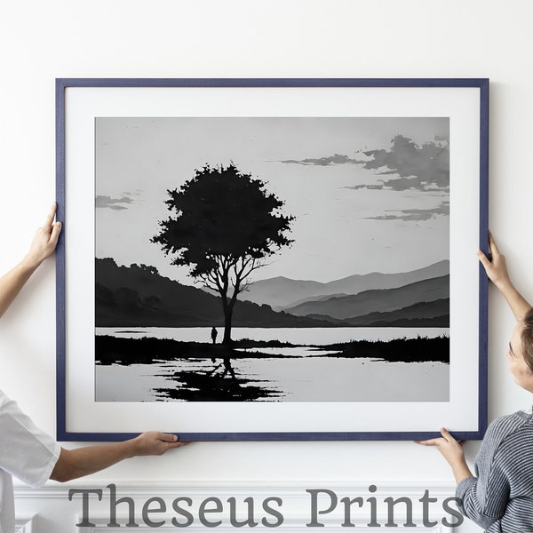 Serene Landscape with Single Tree and Person, Grayscale Natural Scenery, Tranquil Printable Digital Download