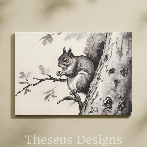 Serene Landscape Illustration, Squirrel on Tree Branch, Detailed Fur Texture, Digital Download Wall Art