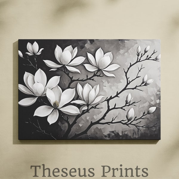 Blooming Magnolias on Branch, Monochromatic Floral Art, Textured Background Printable Digital Download