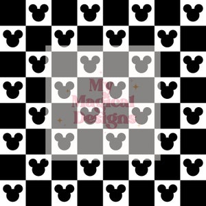 May include: A repeating pattern of black, white, and gray squares, each featuring a Mickey Mouse head silhouette. The design creates a checkerboard effect, with the Mickey Mouse heads alternating in black and gray against the white squares.