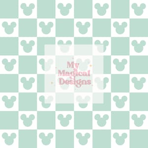 May include: A repeating pattern of white and light green squares with a light green Mickey Mouse head silhouette in each square. The text "My Magical Designs" is in the center of the image.