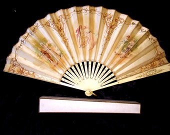 Antique Hand Fan Lithographed Silk Leaf Bone Monture in Original Box