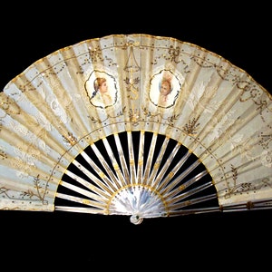 Antique Mother of Pearl Hand Fan with Portraits 19th Century Victorian Bridal Fan