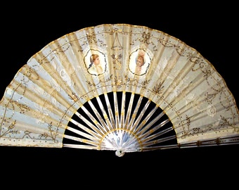 Antique Mother of Pearl Hand Fan with Portraits 19th Century Victorian Bridal Fan