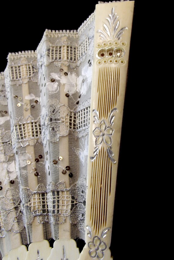 Antique Silk Gaze Carved Bone Hand Fan with Sequi… - image 6