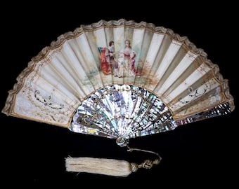 Antique Mother of Pearl Hand Fan, Hand-painted Silk Leaf, Late 19th Century