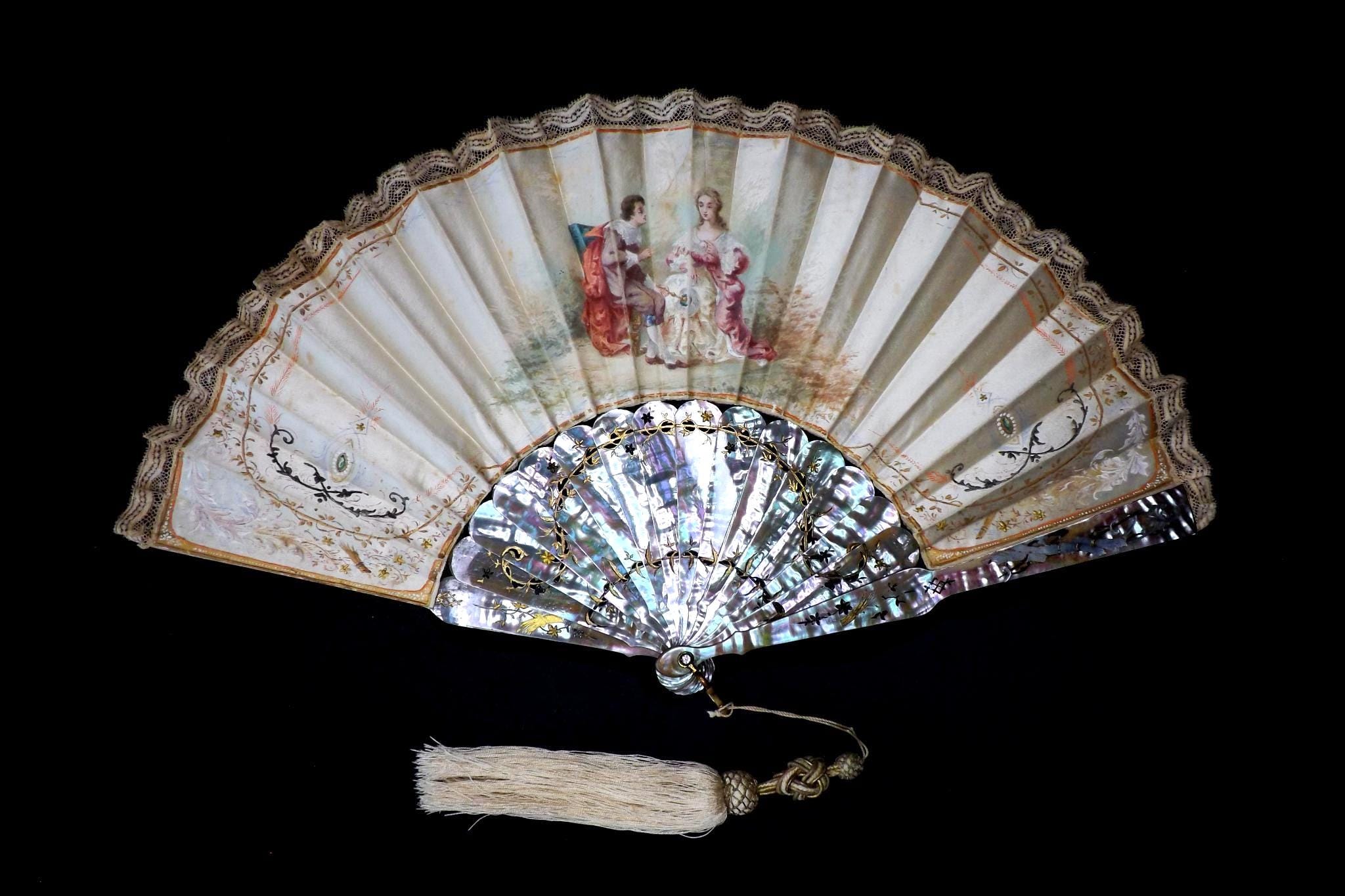 アンティークの螺鈿細工の扇子、手描きの絹の葉、19世紀後半 - Etsy 日本