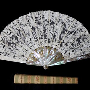 Antique Mother of Pearl Hand Fan, Brussels Lace Leaf, in Original Box, Late 19th Century