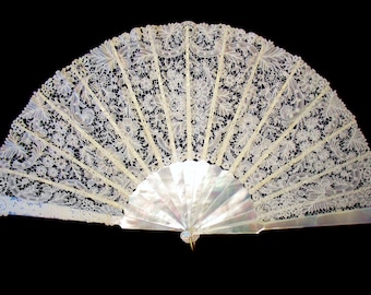 Large Mother of Pearl Antique Hand Fan Brussels Lace 12.6"