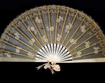 Large Antique Hand Fan Hand Painted Silk Gauze Bone Monture 19th Century