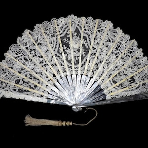 Antique Hand Fan Mother of Pearl Monture and Brussels Lace Leaf, Restorations on Bone Sticks, circa 1890s