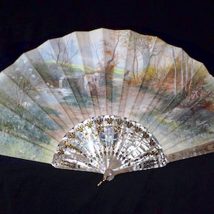 Antique Mother of Pearl Hand Fan, Hand-painted Leaf Signed Lucy, circa 1870-1880