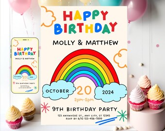 Op de afbeelding: Een kleurrijke uitnodiging voor een 9e verjaardagsfeestje voor Molly en Matthew. De uitnodiging heeft een regenboog met wolken en de tekst "Happy Birthday Molly & Matthew" en "9th Birthday Party". De datum van het feestje is 20 oktober 2024 van 14:00 tot 17:00 uur. De uitnodiging bevat ook het adres en de RSVP-informatie.