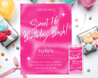 Editable Hot Pink Sweet 16 Invitation Template (Digital Download)