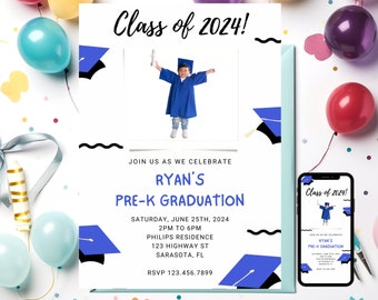 May include: A blue and white graduation invitation with a photo of a child in a blue graduation gown holding a diploma. The invitation says "Class of 2024!" and "Ryan's Pre-K Graduation".