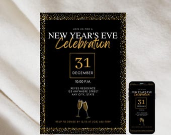 Invitación de Nochevieja en negro y dorado, invitación editable para fiestas (descarga digital)
