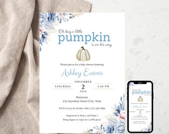 Blue Little Pumpkin On the Way Editable Digital Baby Shower Invitation; Blue Fall Baby Shower Invite; Boy Baby Shower Invite; Rustic Invite