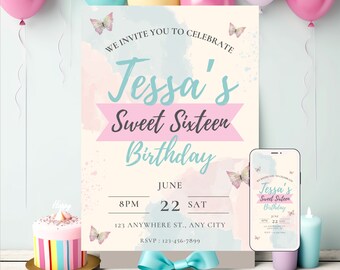 May include: A pink and blue watercolor-style invitation with butterflies for a Sweet Sixteen birthday party. The invitation includes the name Tessa, the date June 22nd, and the time 8 PM. It also includes the address 123 Anywhere St., Any City and the RSVP number 123-456-7899.