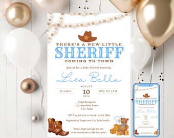 Editable Cowboy Sheriff baby shower invitation; Country Western Wild West Boy Invite; Little Sheriff is coming to town; Baby Shower Invite