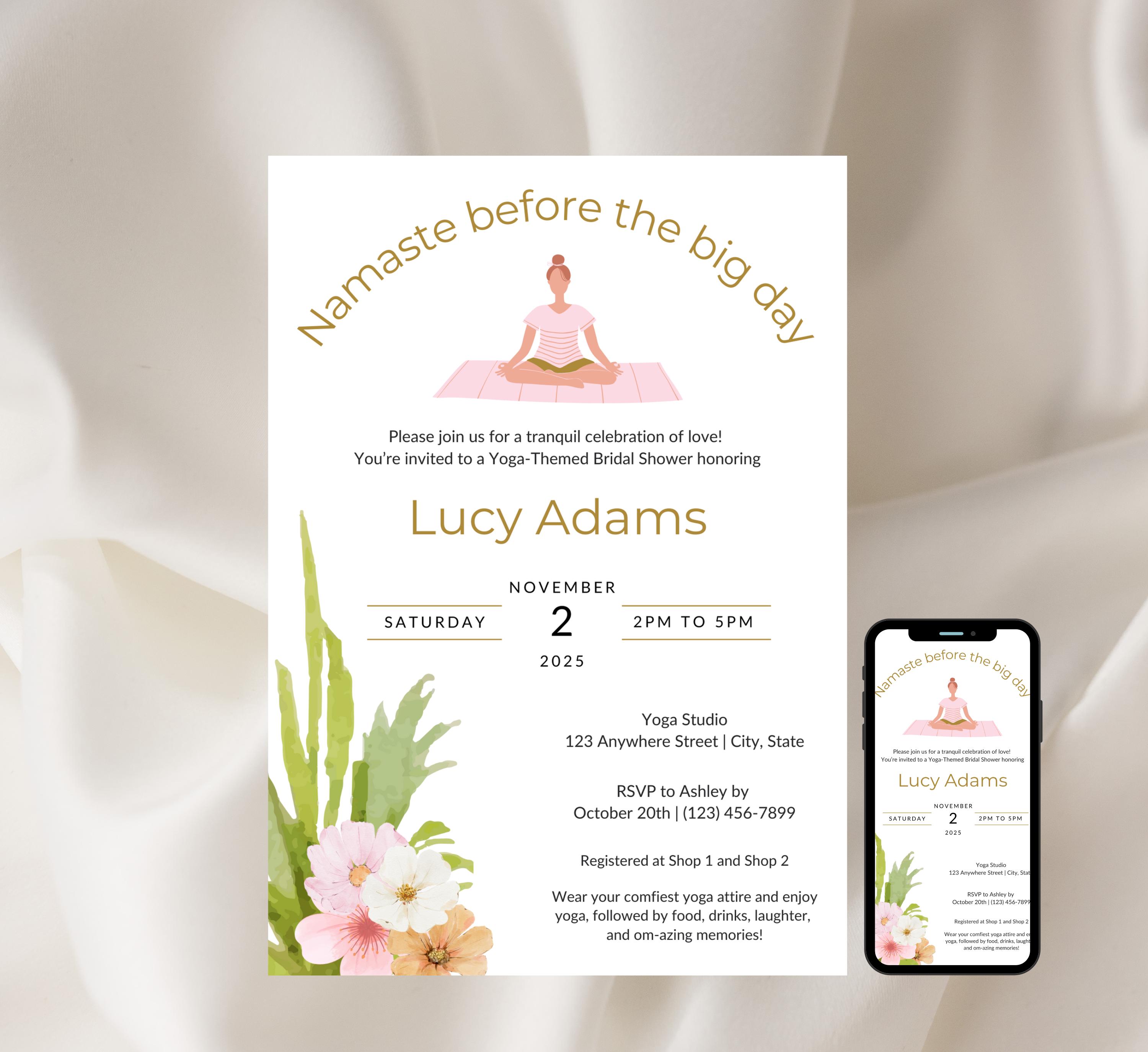 Yoga Bridal Shower Invitation, Yoga bridal shower invite, Digital and Printable, Namaste Zen bridal shower,  bridal shower, Sip and Stretch