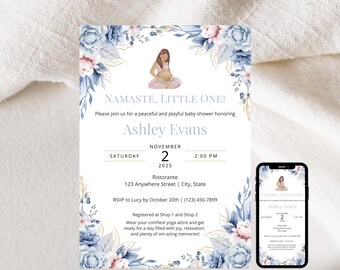 Yoga baby boy shower invitation; Yoga baby shower invite; Digital and Printable; boy baby shower invite;  baby shower invite; yoga namaste