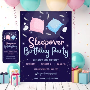Bewerkbare Sleepover-uitnodiging; Uitnodiging voor een sluimerfeest; Sleepover verjaardagsuitnodiging; Uitnodigingen voor het feest van de pyjama van het meisje; Tiener verjaardag; Tweens