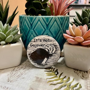 May include: A decorative button with the text "It's not Gojover" and a black and white illustration of a person lying down. The button is surrounded by small potted succulents in white and teal ceramic pots.