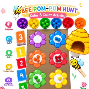 Pode incluir: Um conjunto educativo Bee Pom-Pom Hunt com um tabuleiro castanho com seis flores coloridas, pompons correspondentes em copos, cartões numerados de 1 a 5, uma colmeia amarela e uma mola de madeira com uma abelha para atividades.
