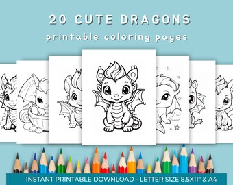 Página para colorear de dragones para niños, 20 dragones bebés imprimibles digitalmente, divertida actividad infantil, animales adorables