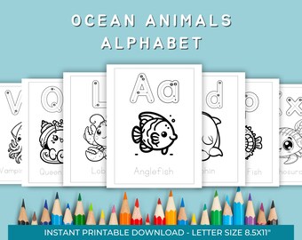 Pagina da colorare dell'alfabeto degli animali dell'oceano per bambini, foglio di lavoro prescolare, apprendimento divertente all'asilo, pagine da colorare facili per bambini, download digitale