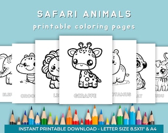 Peut inclure: Pages à colorier en noir et blanc représentant des animaux de la savane, notamment un éléphant, un crocodile, un lion, une girafe, un hippopotame, un tigre et un koudou. Le titre "SAFARI ANIMALS printable coloring pages" est en haut de l'image. Le texte "INSTANT PRINTABLE DOWNLOAD - LETTER SIZE 8.5X11" & A4 est en bas de l'image.