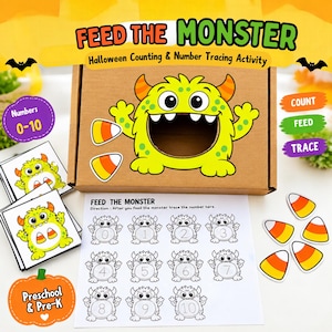 May include: A Feed the Monster Halloween counting and number tracing activity set featuring a brown cardboard box with a yellow monster illustration, candy corn cutouts, number cards, and a worksheet with numbers 0-10 for tracing practice.