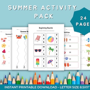 Summer Activity Pack,Printable worksheet for Kids, Fun Educational Games,Kindergarten, Preschool,Scissor Skill,Tracing Practice