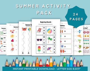 Summer Activity Pack,Printable worksheet for Kids, Fun Educational Games,Kindergarten, Preschool,Scissor Skill,Tracing Practice