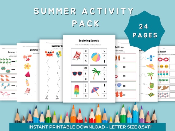 Summer Activity Pack,Printable worksheet for Kids, Fun Educational Games,Kindergarten, Preschool,Scissor Skill,Tracing Practice