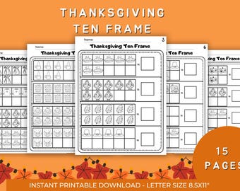 Marco imprimible de Acción de Gracias, actividad matemática educativa para niños, hoja de trabajo de conteo con tema de otoño, recursos para docentes, descarga instantánea